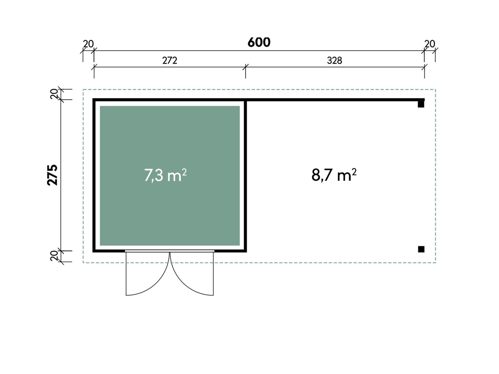 Wolff Finnhaus Gartenhaus Ole 6028, 28 mm, mit Anbau und Rückwand, naturbelassen