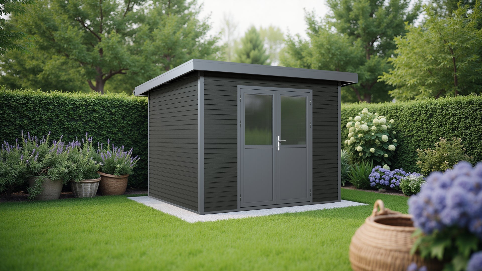 Linholm WPC Gartenhaus Linia 2824 inkl. Dachrinnen-Set, 2-farbig in Grau/Anthrazit