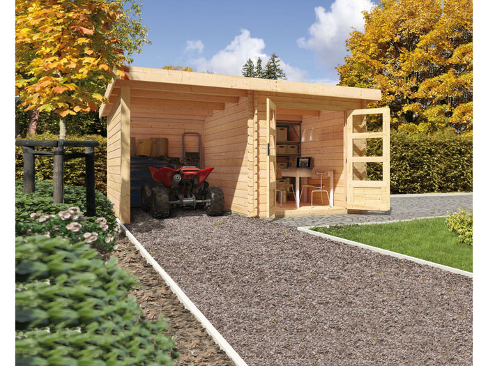 Karibu Gartenhaus Bastrup 2 mit Anbaudach 2 Meter, Seiten- und Rückwand