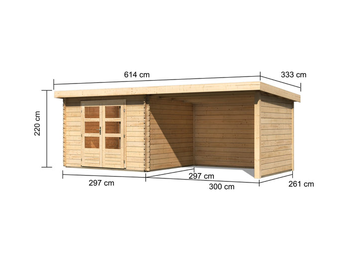 Karibu Gartenhaus Bastrup 5 mit Anbaudach 3 Meter sowie Seiten- und Rückwand