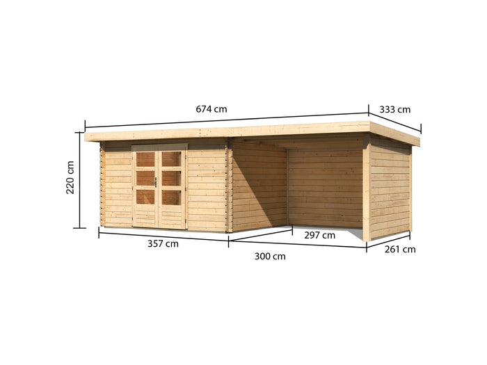 Karibu Gartenhaus Bastrup 7 mit Anbaudach 3 Meter, Rück- und Seitenwand