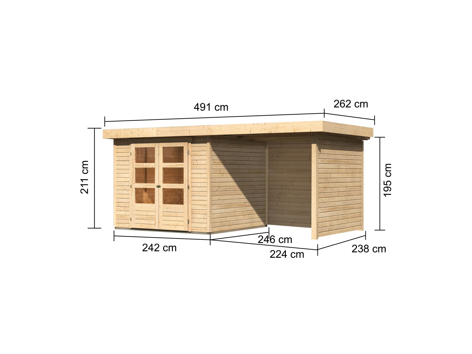 Karibu Gartenhaus Askola 3,5 mit Anbaudach 2,25 Meter, Seiten- und Rückwand