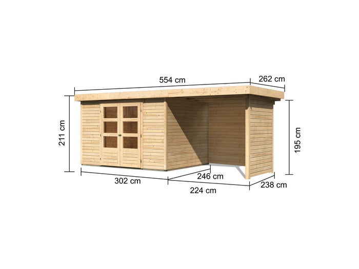 Karibu Gartenhaus Askola 5 mit Anbaudach 2,4 Meter, Seiten- und Rückwand