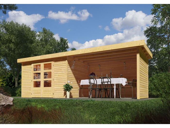 Karibu Gartenhaus Askola 5 mit Anbaudach 2,75 Meter, Seiten- und Rückwand