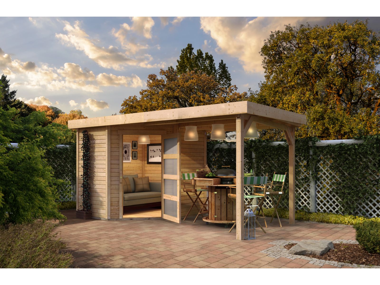 Karibu Gartenhaus Schwandorf 3 natur mit Anbaudach 2,75 Meter