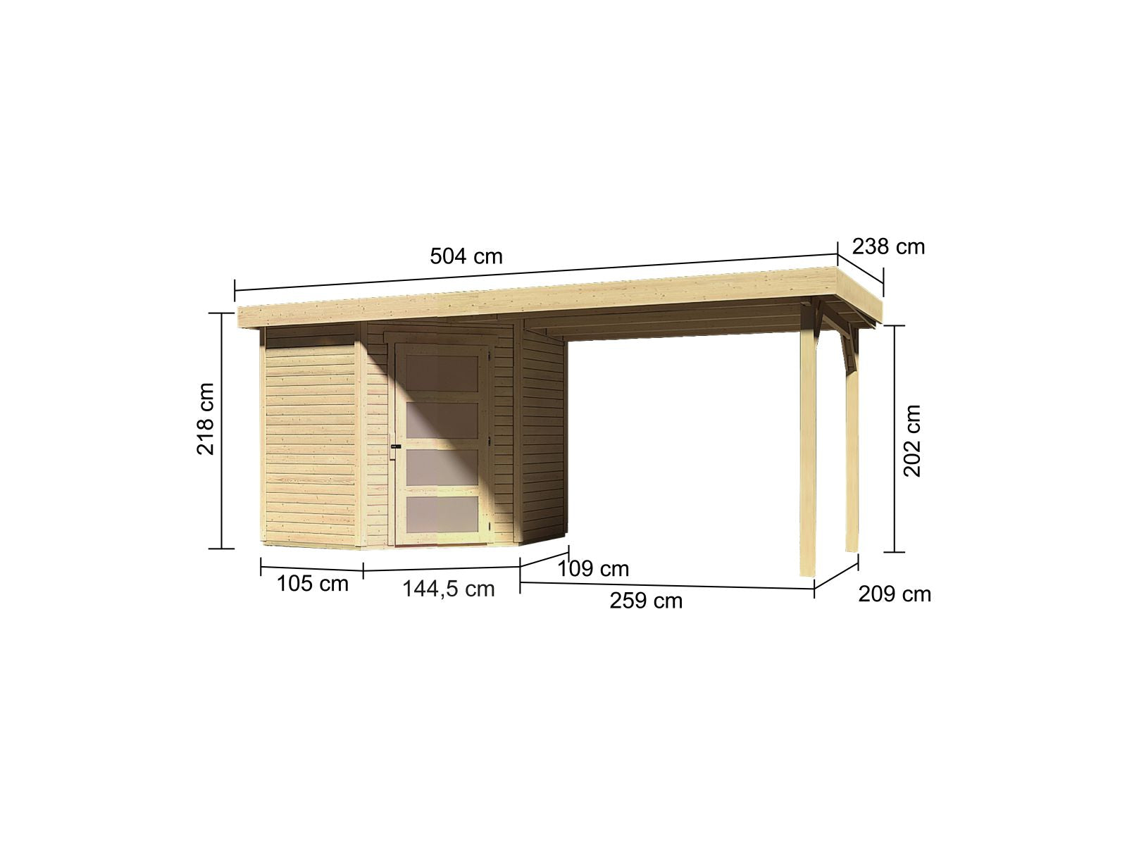 Karibu Gartenhaus Schwandorf 3 natur mit Anbaudach 2,75 Meter