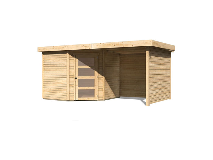 Karibu Gartenhaus Schwandorf 5 natur mit Anbaudach 2,25 Meter, Seiten- und Rückwand