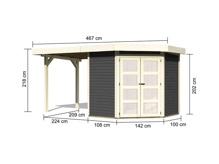 Karibu Gartenhaus Goldendorf 3 terragrau 19 mm mit Anbaudach 2,20 m