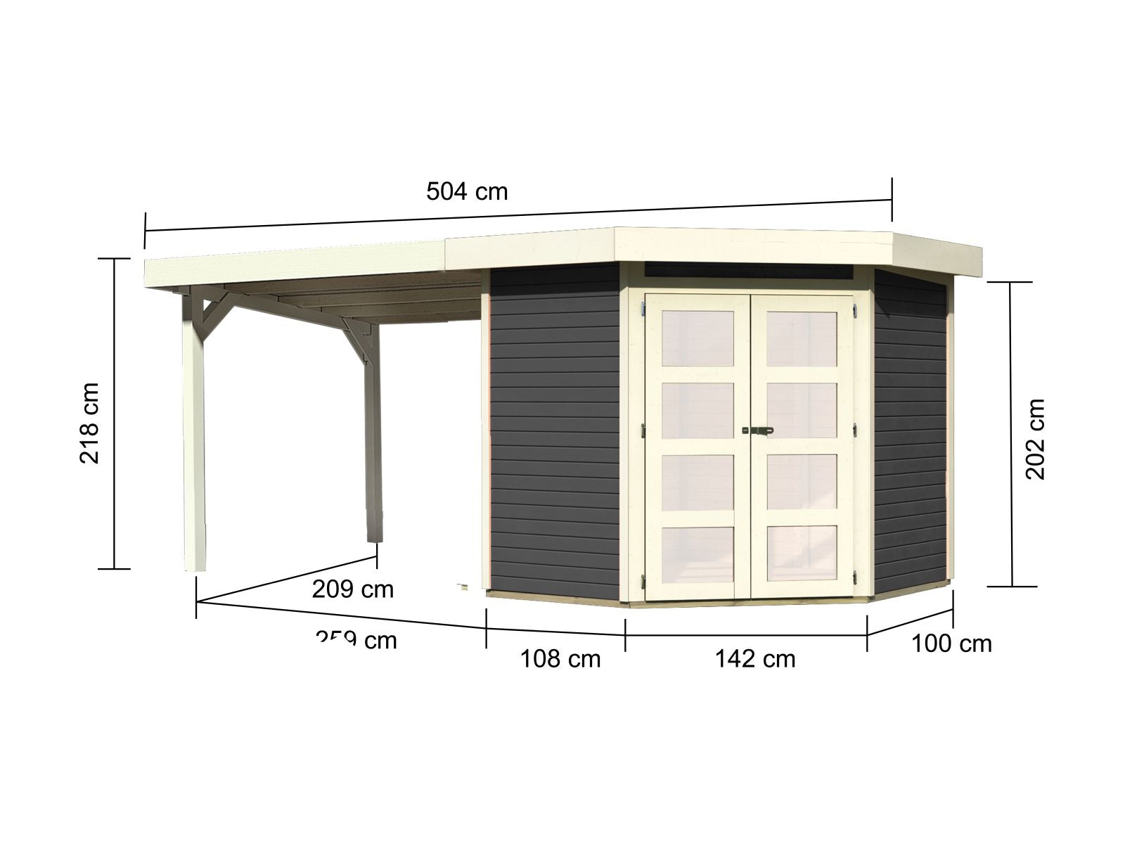 Karibu Gartenhaus Goldendorf 3 terragrau 19 mm mit Anbaudach 2,80 m