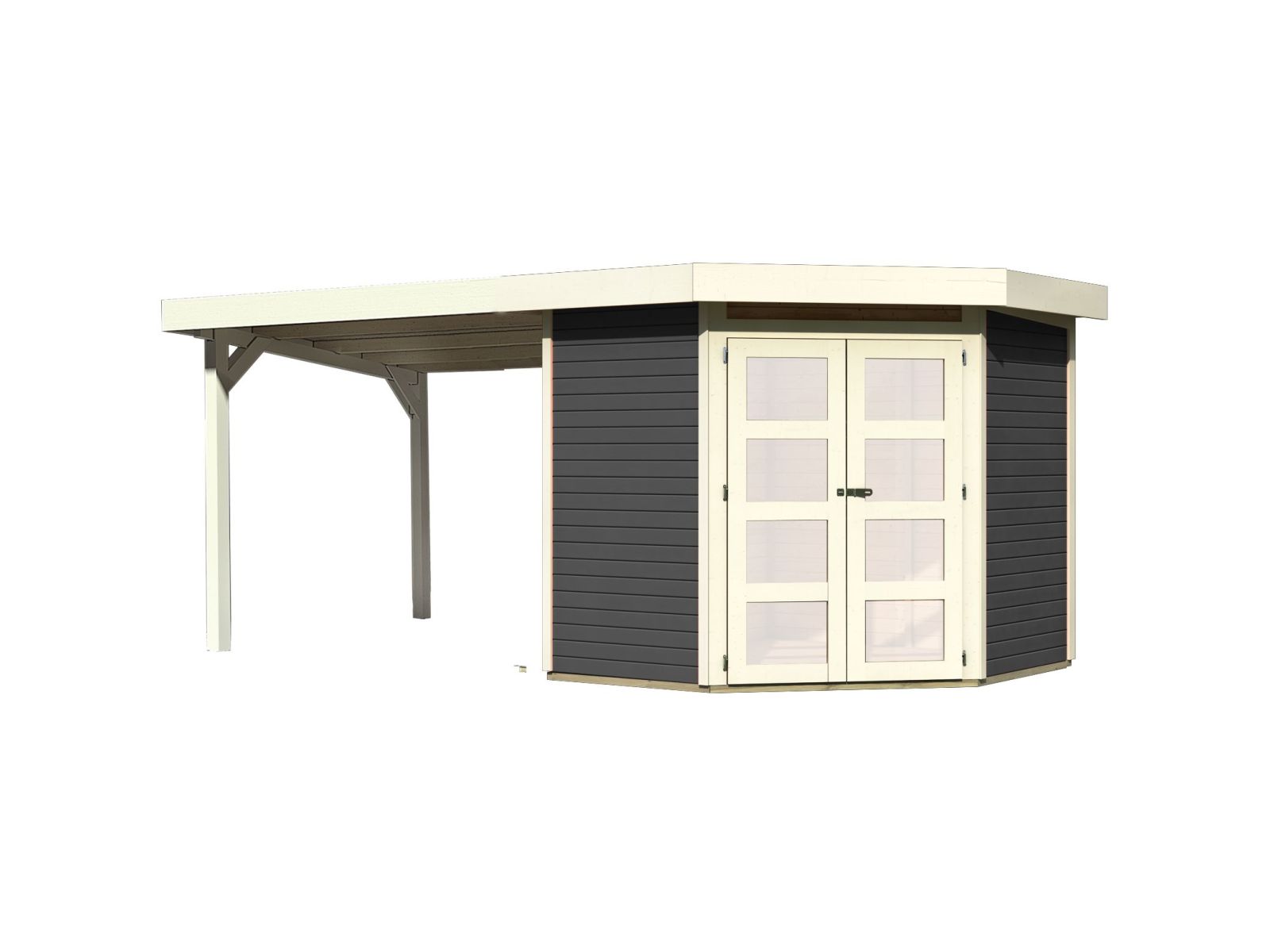 Karibu Gartenhaus Goldendorf 3 terragrau 19 mm mit Anbaudach 2,80 m