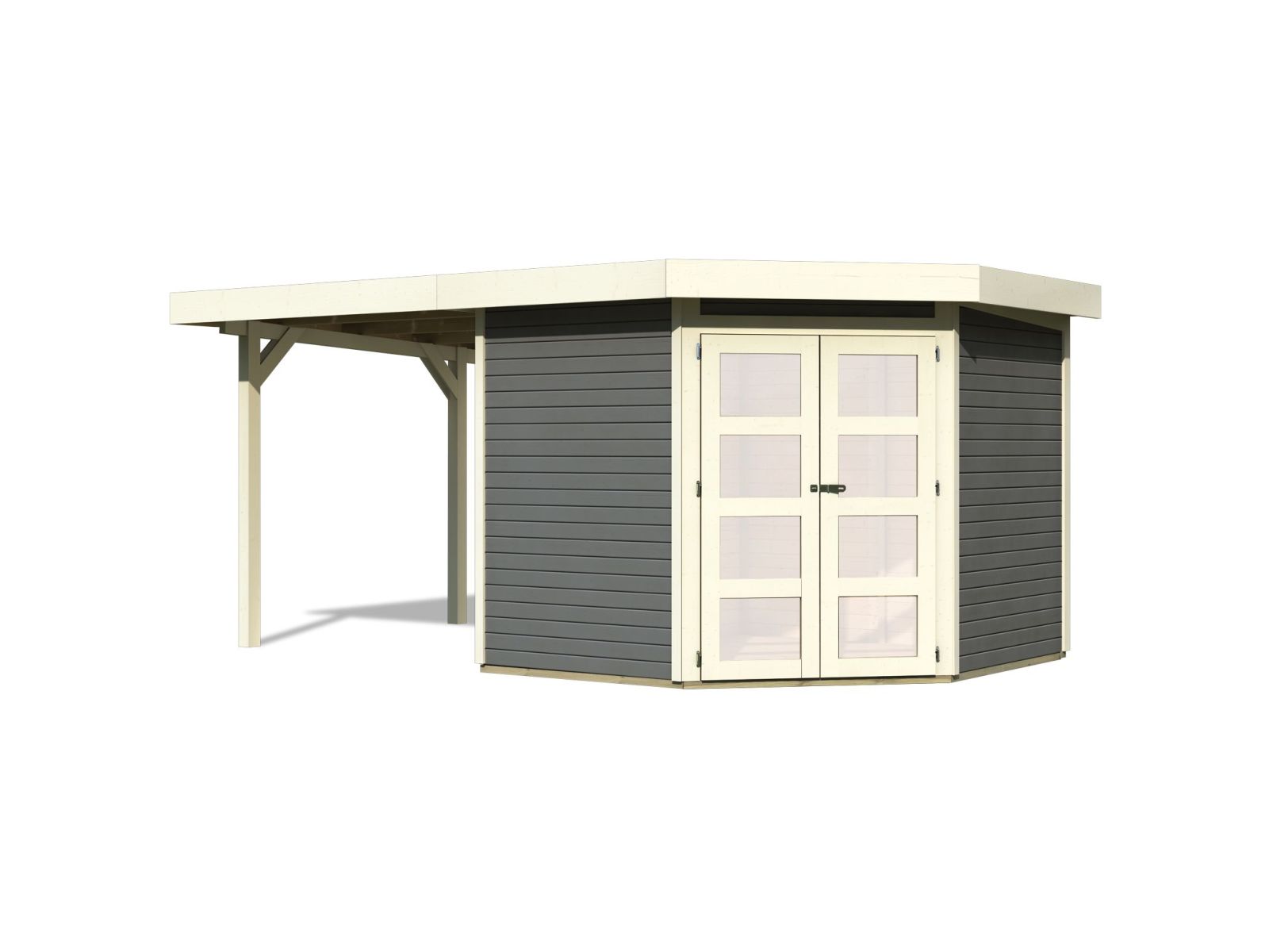 Karibu Gartenhaus Goldendorf 5 terragrau 19 mm mit Anbaudach 2,20 m