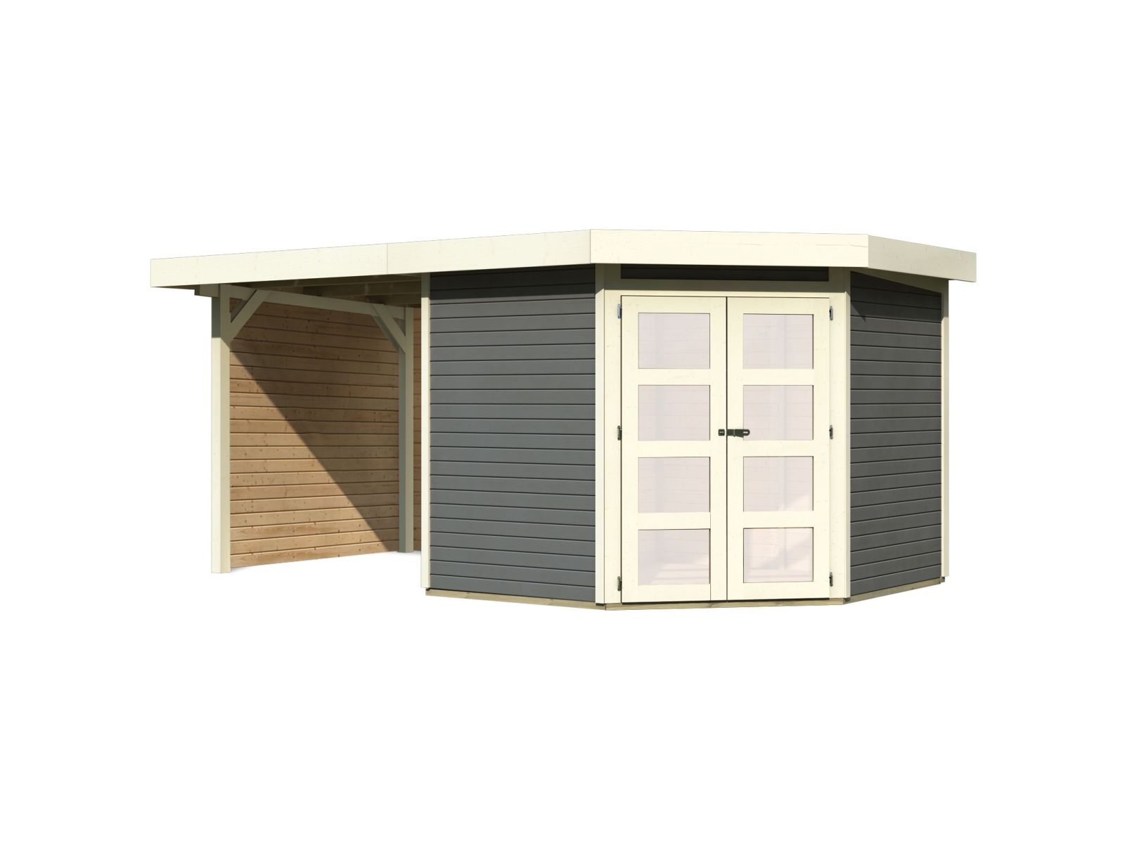 Karibu Gartenhaus Goldendorf 5 terragrau 19 mm mit Anbaudach 2,20 m, Seiten- und Rückwand