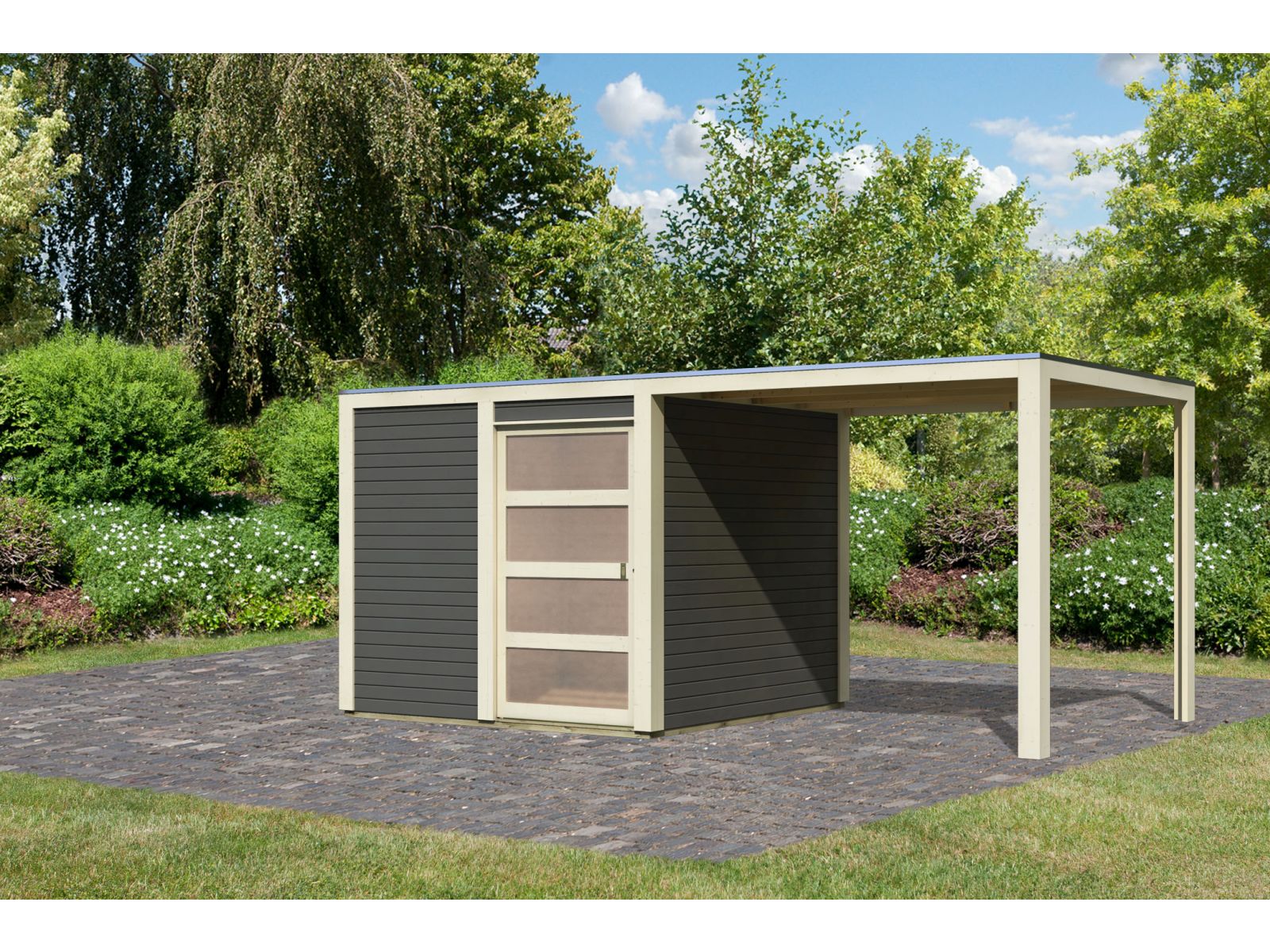Karibu Gartenhaus Qubic in terragrau mit Anbaudach