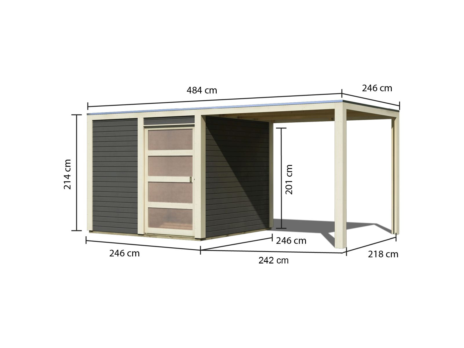 Karibu Gartenhaus Qubic in terragrau mit Anbaudach