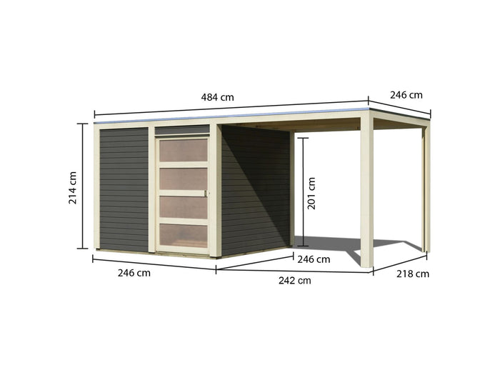 Karibu Gartenhaus Qubic in terragrau mit Anbaudach