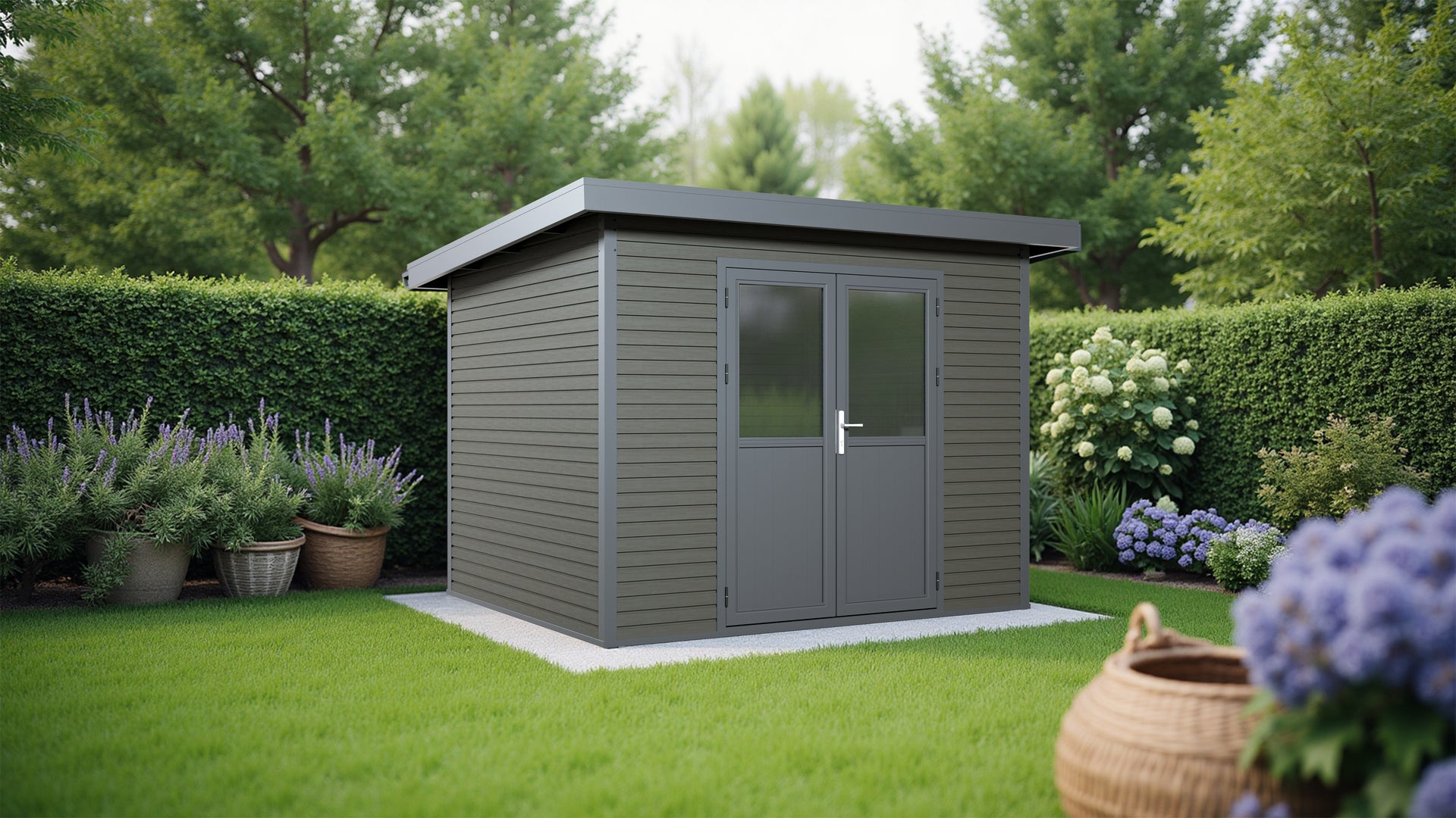 Linholm WPC Gartenhaus Linia 2824 inkl. Dachrinnen-Set, 2-farbig in Grau/Anthrazit