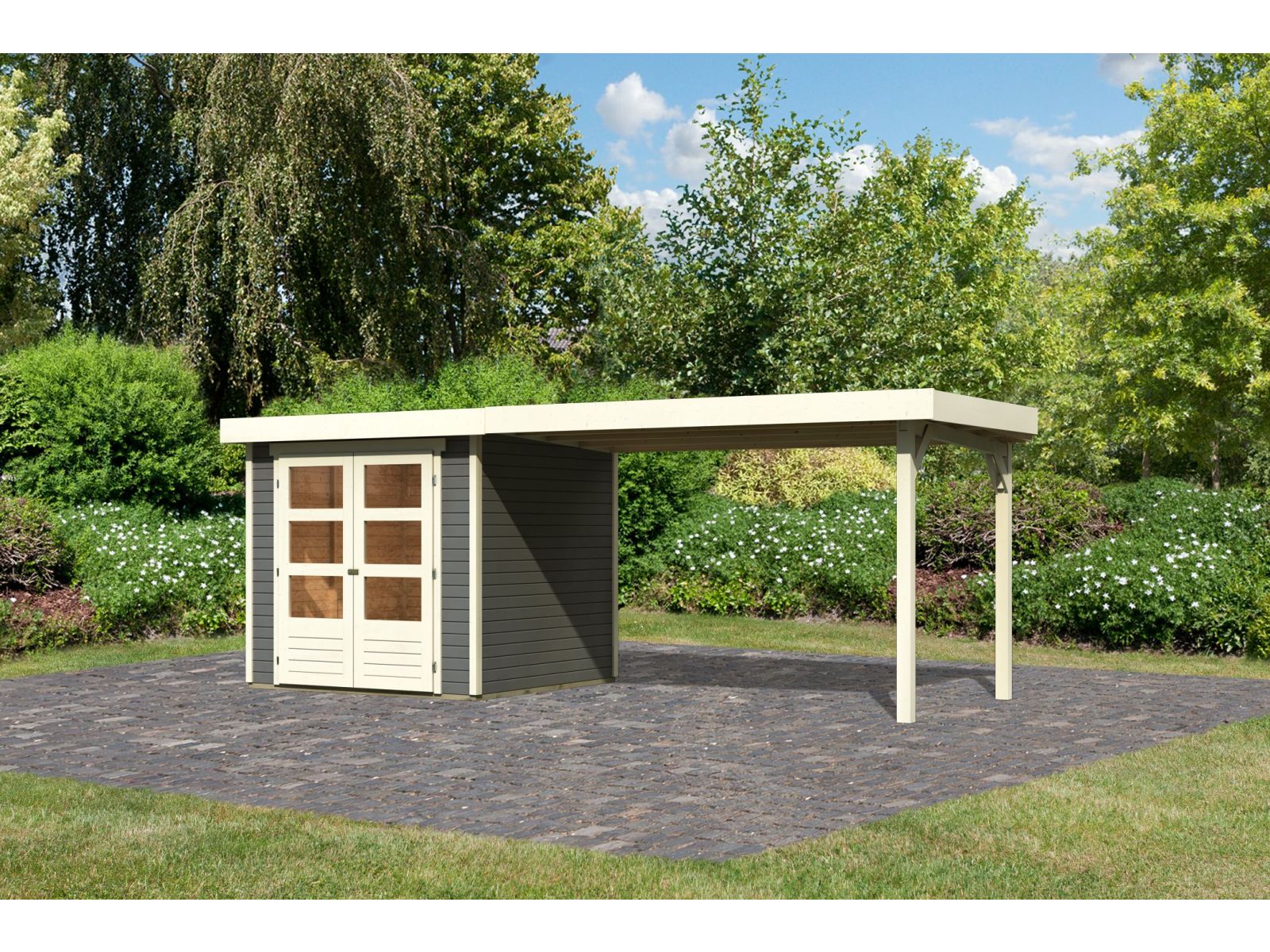 Karibu Gartenhaus Askola 2 terragrau mit Anbaudach 2,80 Meter
