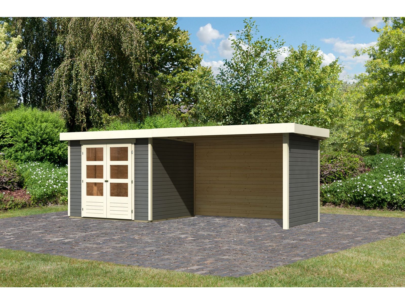 Karibu Gartenhaus Askola 3 in terragrau mit Anbaudach 2,80 Meter, Seiten- und Rückwand
