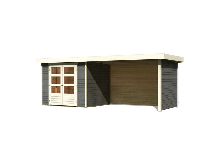 Karibu Gartenhaus Askola 3 in terragrau mit Anbaudach 2,80 Meter, Seiten- und Rückwand