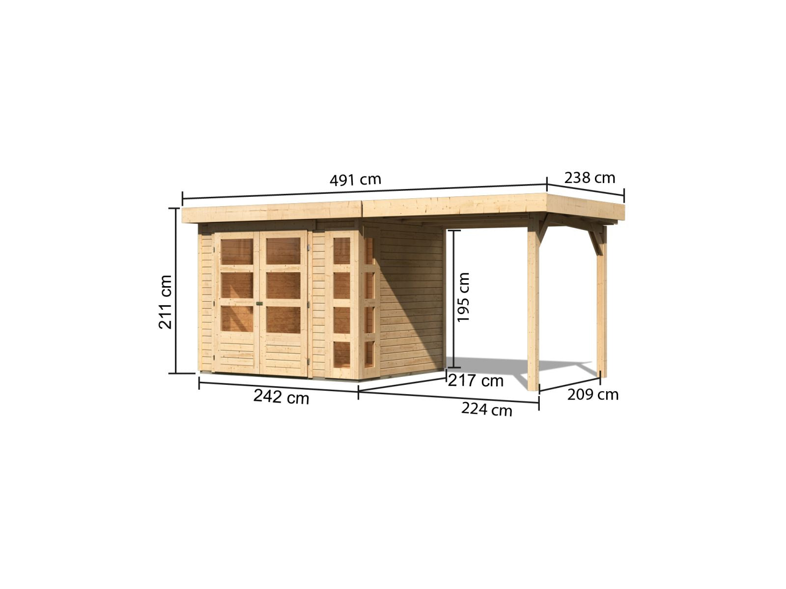 Karibu Gartenhaus Kerko 3 natur mit 2,40 m Anbaudach
