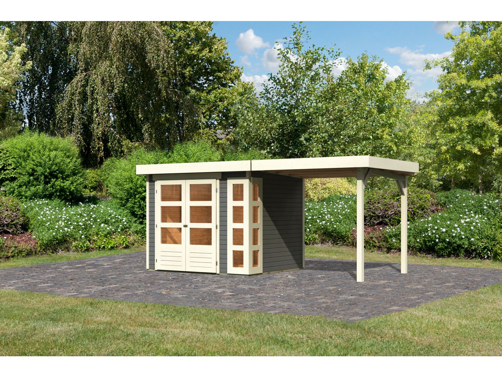 Karibu Gartenhaus Kerko 3 terragrau mit 2,40 m Anbaudach