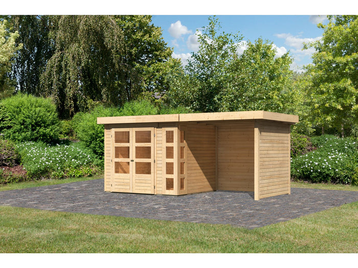 Karibu Gartenhaus Kerko 3 natur mit 2,40 m Anbaudach und Rück-und Seitenwänden
