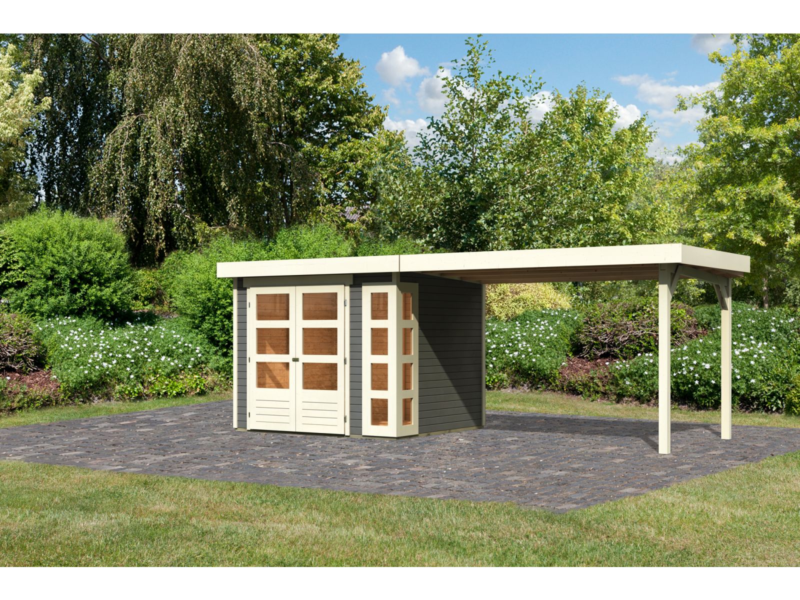 Karibu Gartenhaus Kerko 3 in terragrau mit 2,80 m Anbaudach