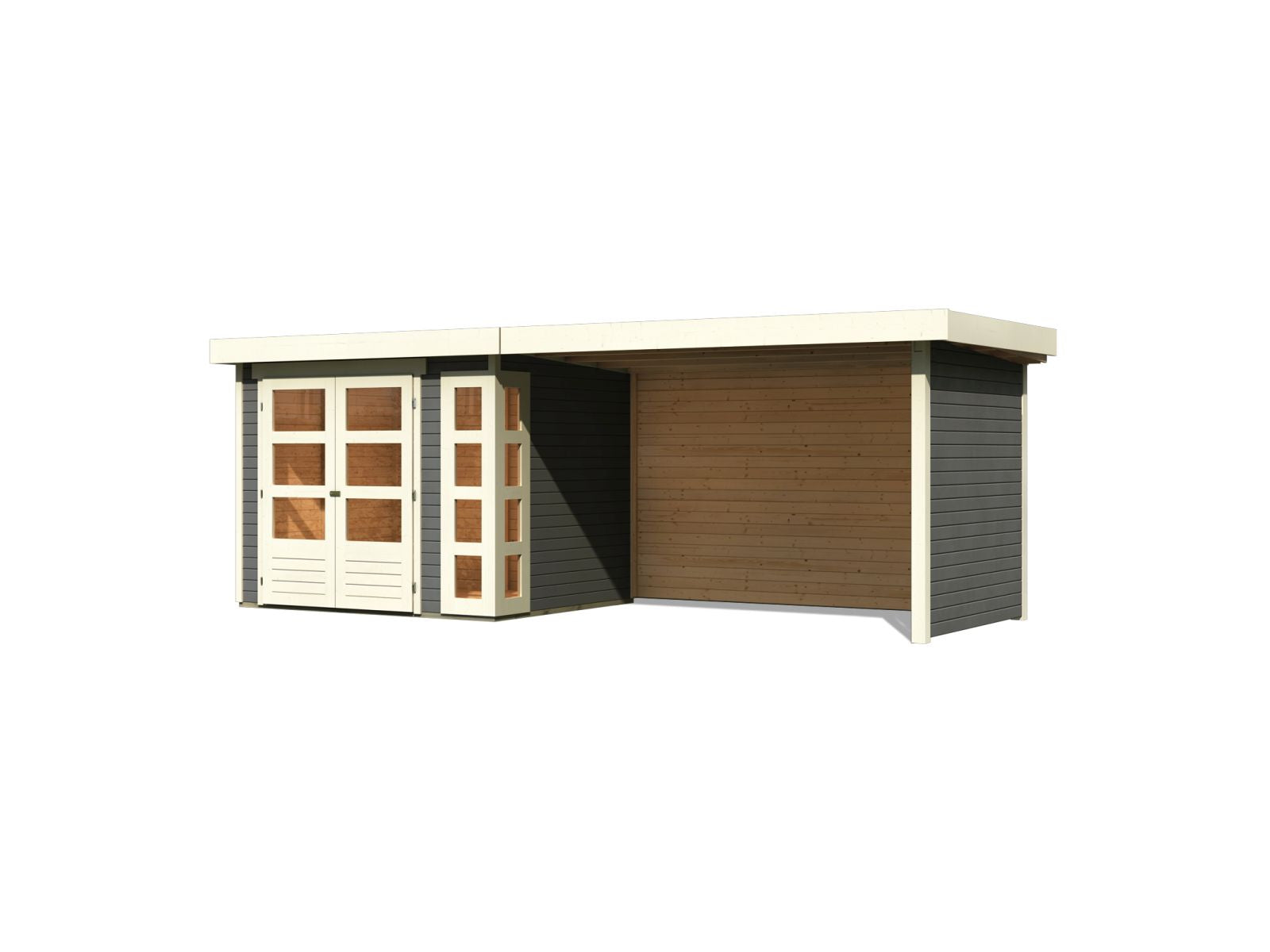 Karibu Gartenhaus Kerko 3 in terragrau mit 2,80 m Anbaudach inklusive Rück-und Seitenwand