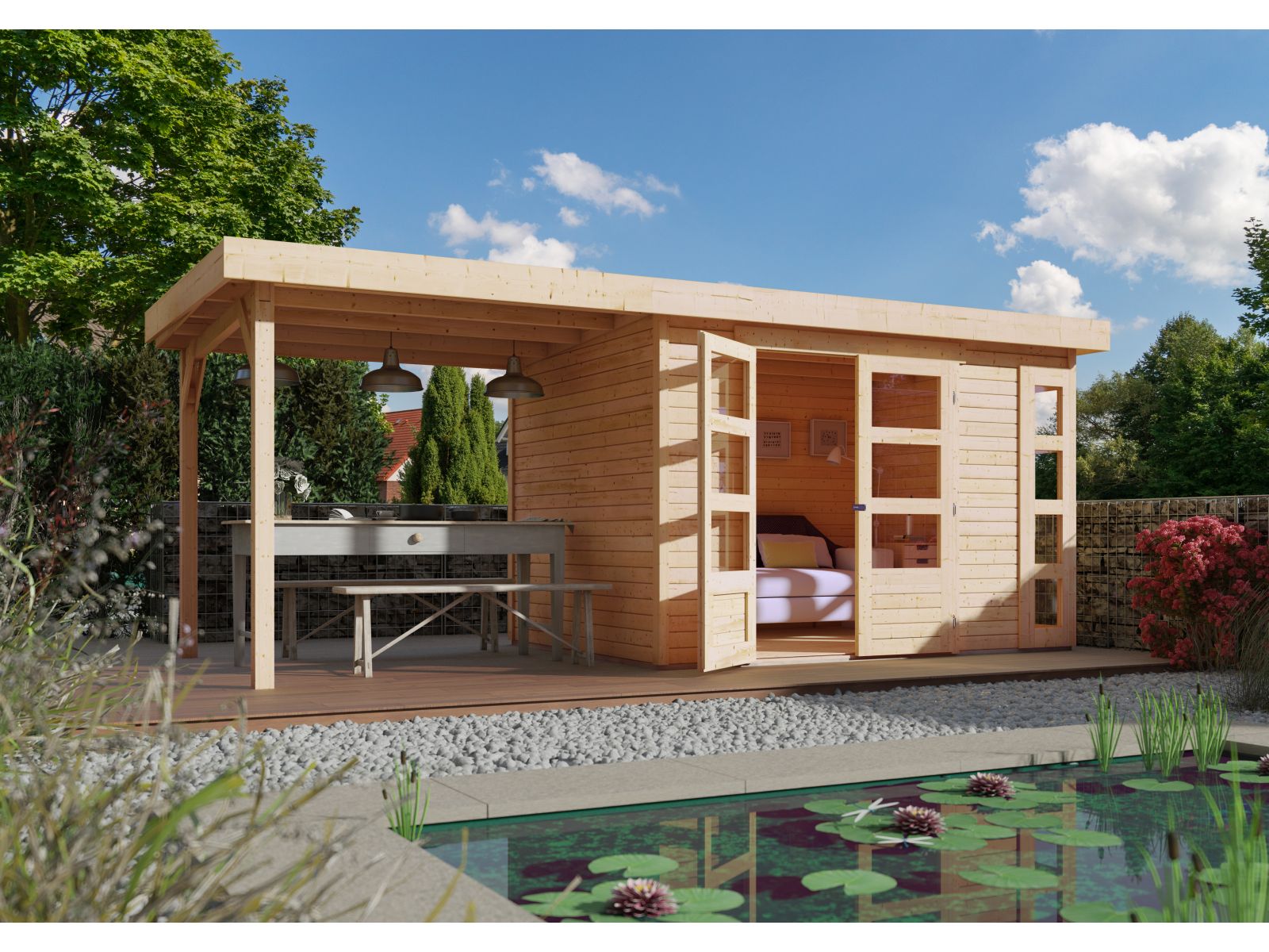 Karibu Gartenhaus Kerko 4 natur mit Anbaudach 2,40 m