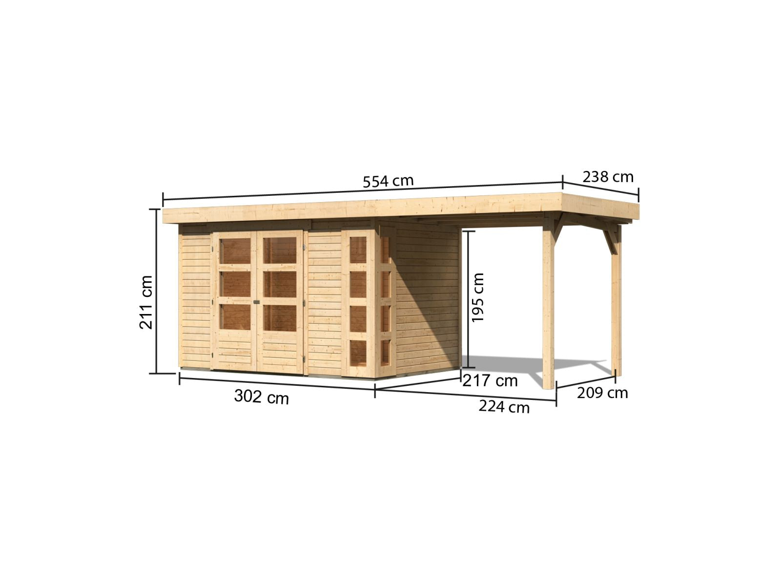 Karibu Gartenhaus Kerko 4 natur mit Anbaudach 2,40 m