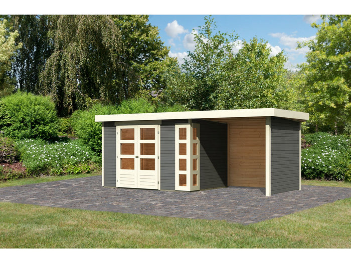 Karibu Gartenhaus Kerko 4 in terragrau mit Anbaudach 2,40 m und Rück-und Seitenwand