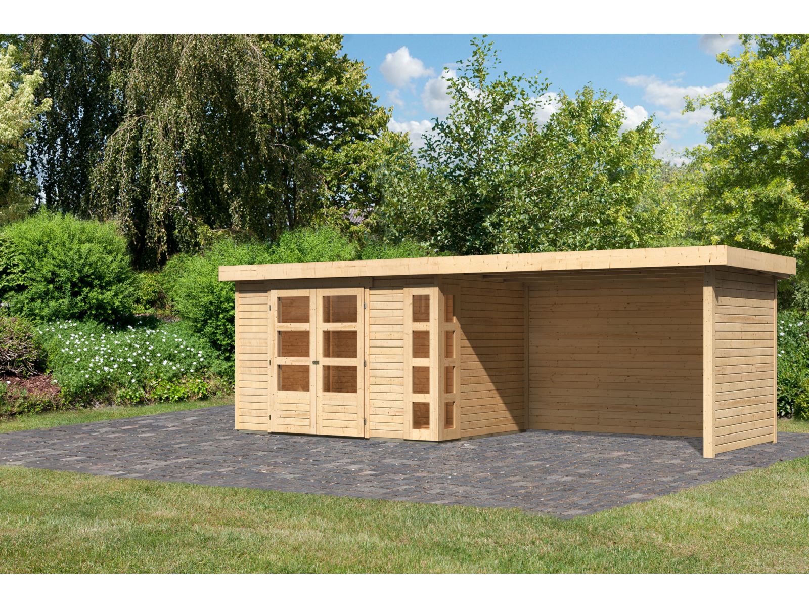 Karibu Gartenhaus Kerko 4 natur mit Anbaudach 2,80 m inklusive Rück-und Seitenwand