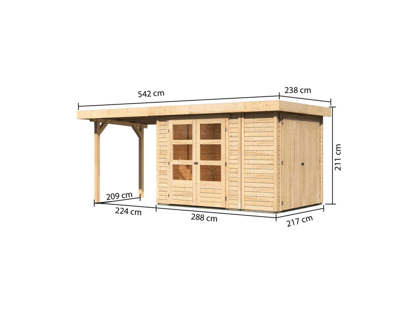 Karibu Gartenhaus Retola 2 natur mit Anbauschrank und 2,40 Meter Anbaudach