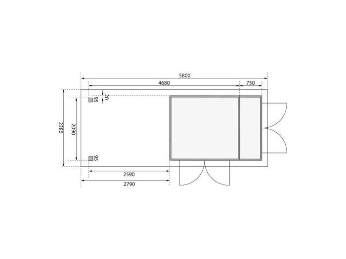 Karibu Gartenhaus Retola 2 natur mit Anbauschrank und 2,80 Meter Anbaudach
