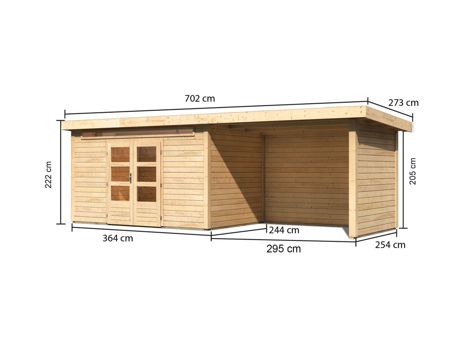 Karibu Gartenhaus Kandern 7 mit Anbaudach 2,95 Meter inklusive Rück-und Seitenwand