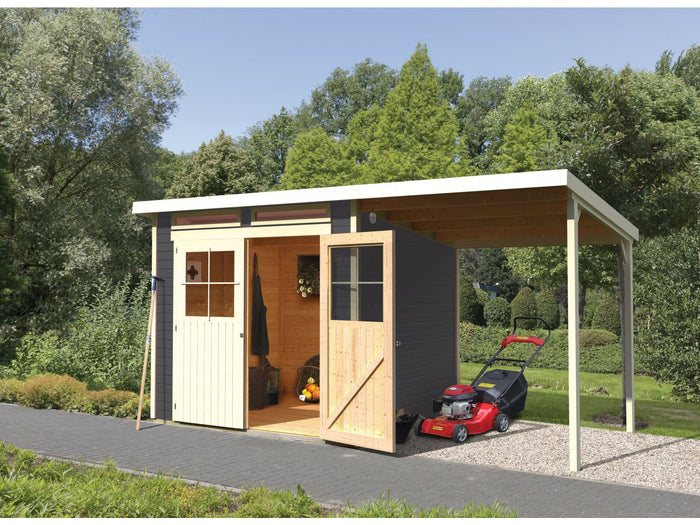 Karibu Gartenhaus Glücksburg 4 in terragrau mit Anbaudach 1,90 Meter