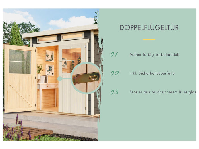 Karibu Gartenhaus Glücksburg 4 in terragrau mit Anbaudach 1,90 Meter