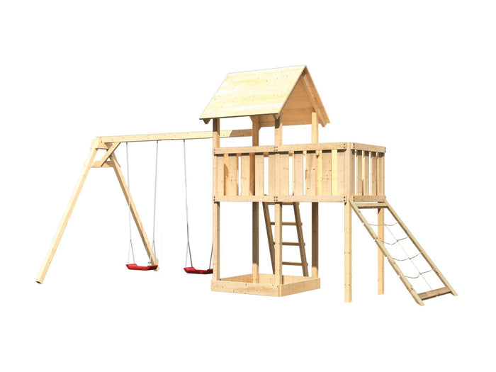 Karibu Spielturm Lotti natur mit Anbauplattform, Netzrampe und Doppelschaukel