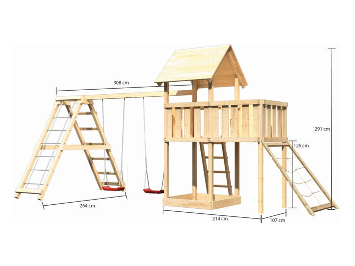 Karibu Spielturm Lotti natur- Anbauplattform- Doppelschaukel inkl. Klettergerüst- Netzrampe