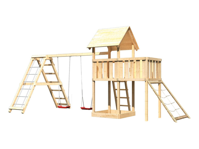 Karibu Spielturm Lotti natur- Anbauplattform- Doppelschaukel inkl. Klettergerüst- Netzrampe