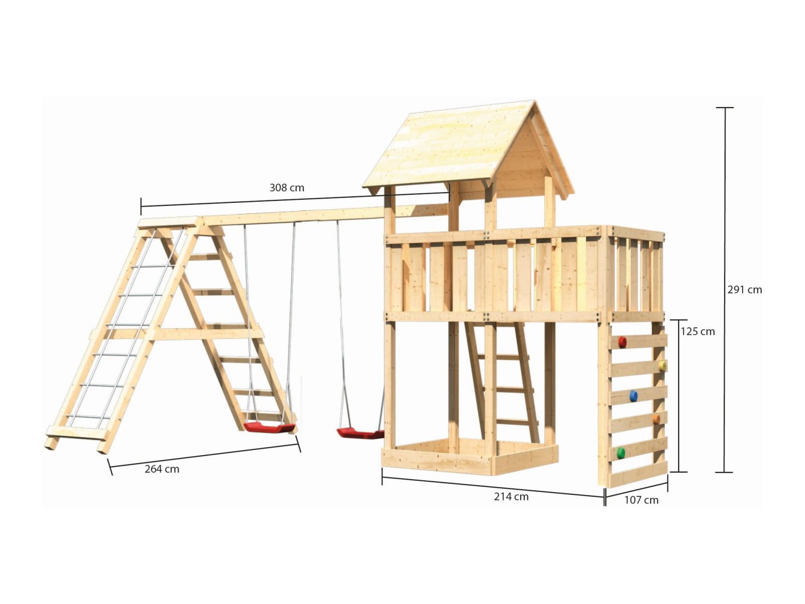 Karibu Spielturm Lotti Satteldach + Doppelschaukelanbau Klettergerüst + Anbauplattform + Kletterwand