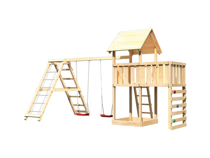 Karibu Spielturm Lotti Satteldach + Doppelschaukelanbau Klettergerüst + Anbauplattform + Kletterwand