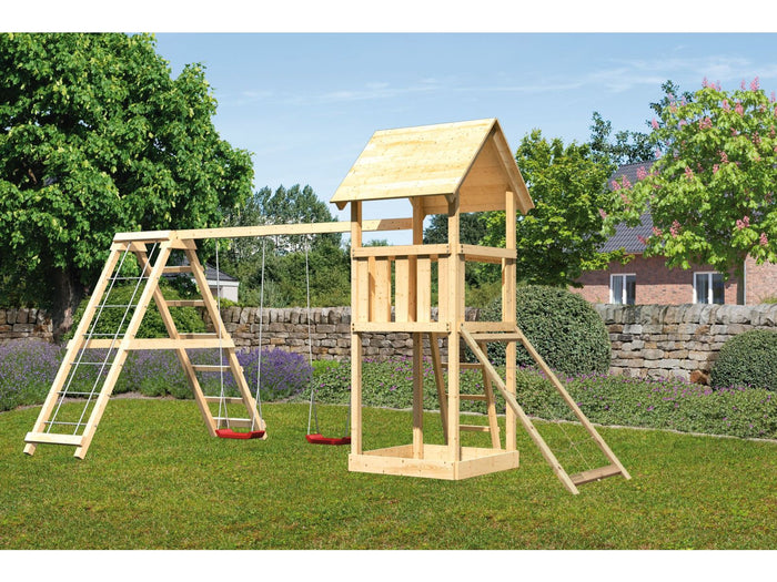 Karibu Spielturm Lotti- Doppelschaukel mit Klettergerüst und Netzrampe