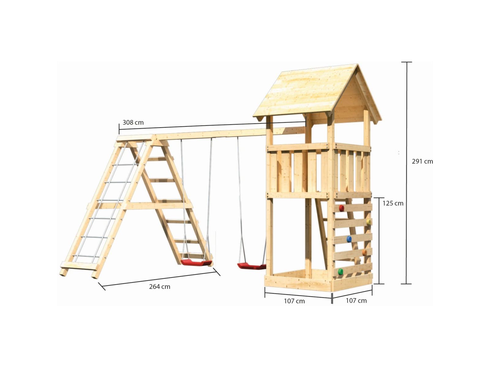Karibu Spielturm Lotti mit Kletterwand und Doppelschaukel inkl. Klettergerüst