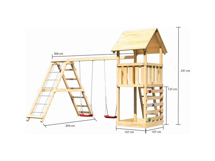 Karibu Spielturm Lotti mit Kletterwand und Doppelschaukel inkl. Klettergerüst