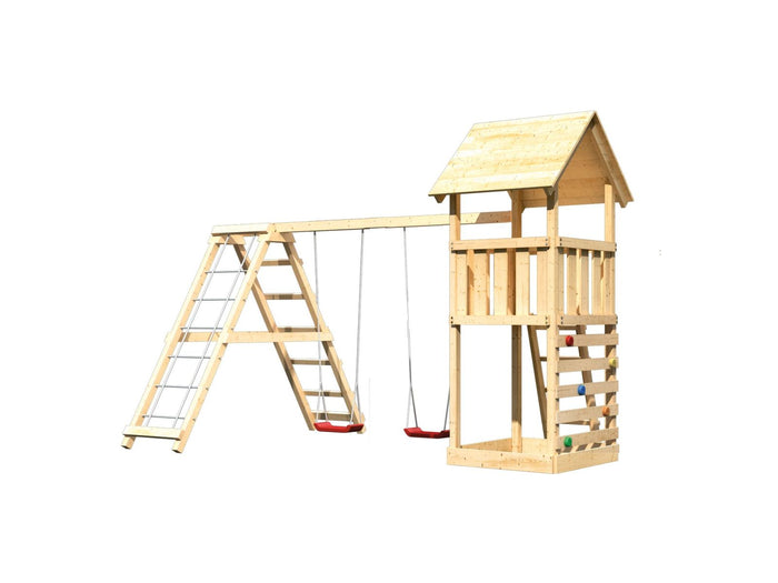Karibu Spielturm Lotti mit Kletterwand und Doppelschaukel inkl. Klettergerüst