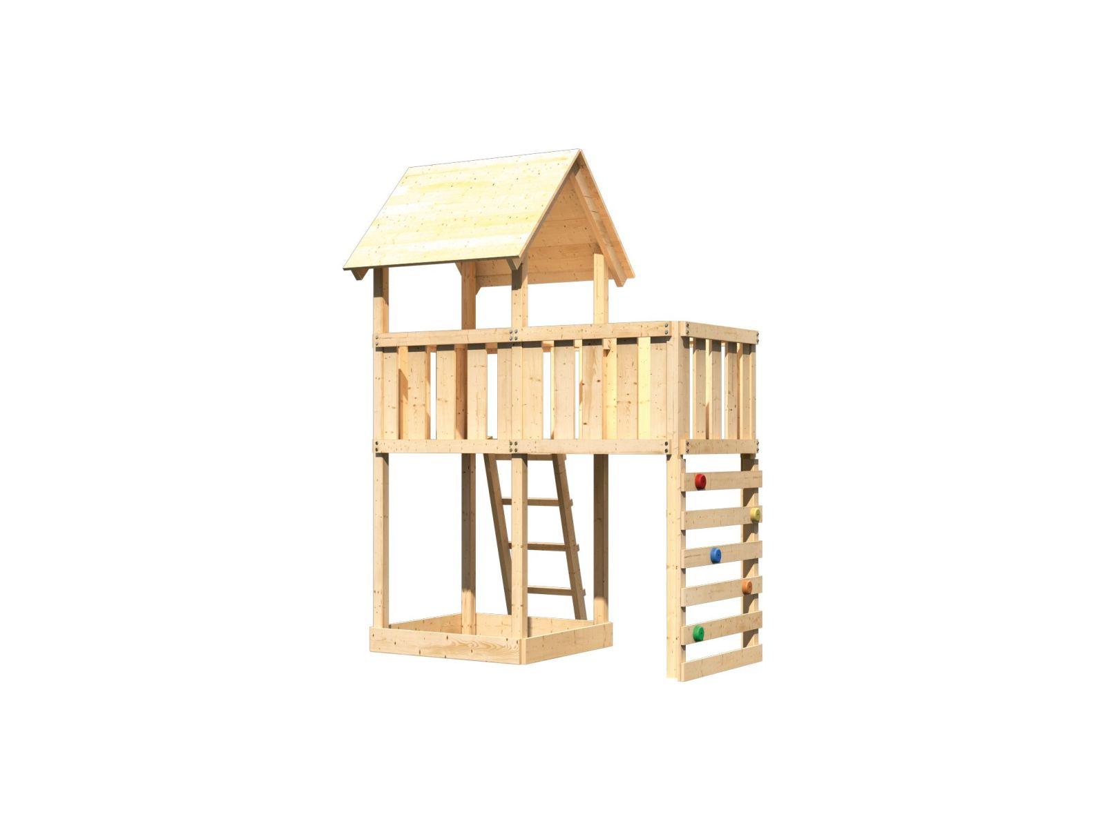 Karibu Spielturm Lotti natur mit Anbauplattform und Kletterwand