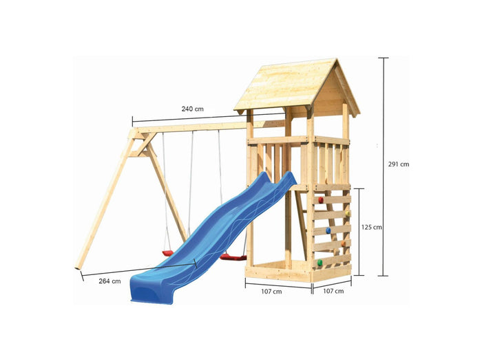 Karibu Spielturm Lotti mit Doppelschaukel, Kletterwand und Rutsche blau