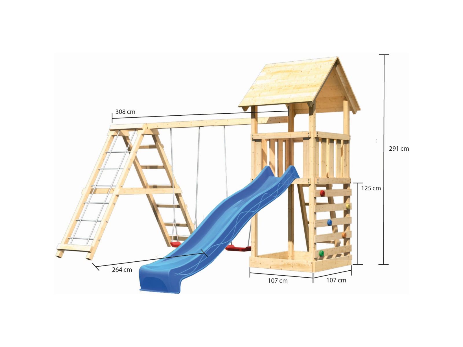 Karibu Spielturm Lotti- Doppelschaukel mit Klettergerüst, Kletterwand und Rutsche in blau
