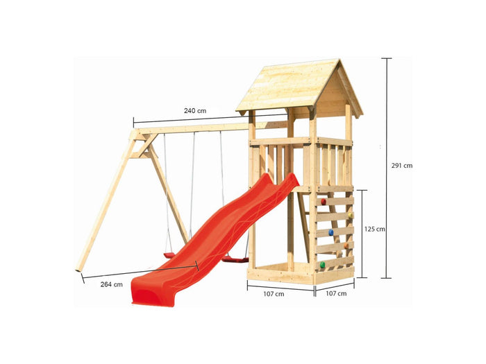 Karibu Spielturm Lotti mit Doppelschaukel, Kletterwand und Rutsche rot